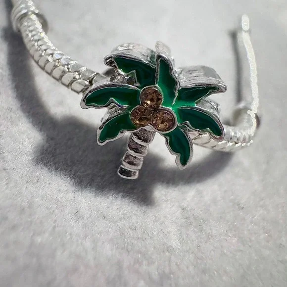 Silver Tone Palm Tree Charm Bracelet Enamel Green Coconuts Rhinestones Women - Picture 7 of 9